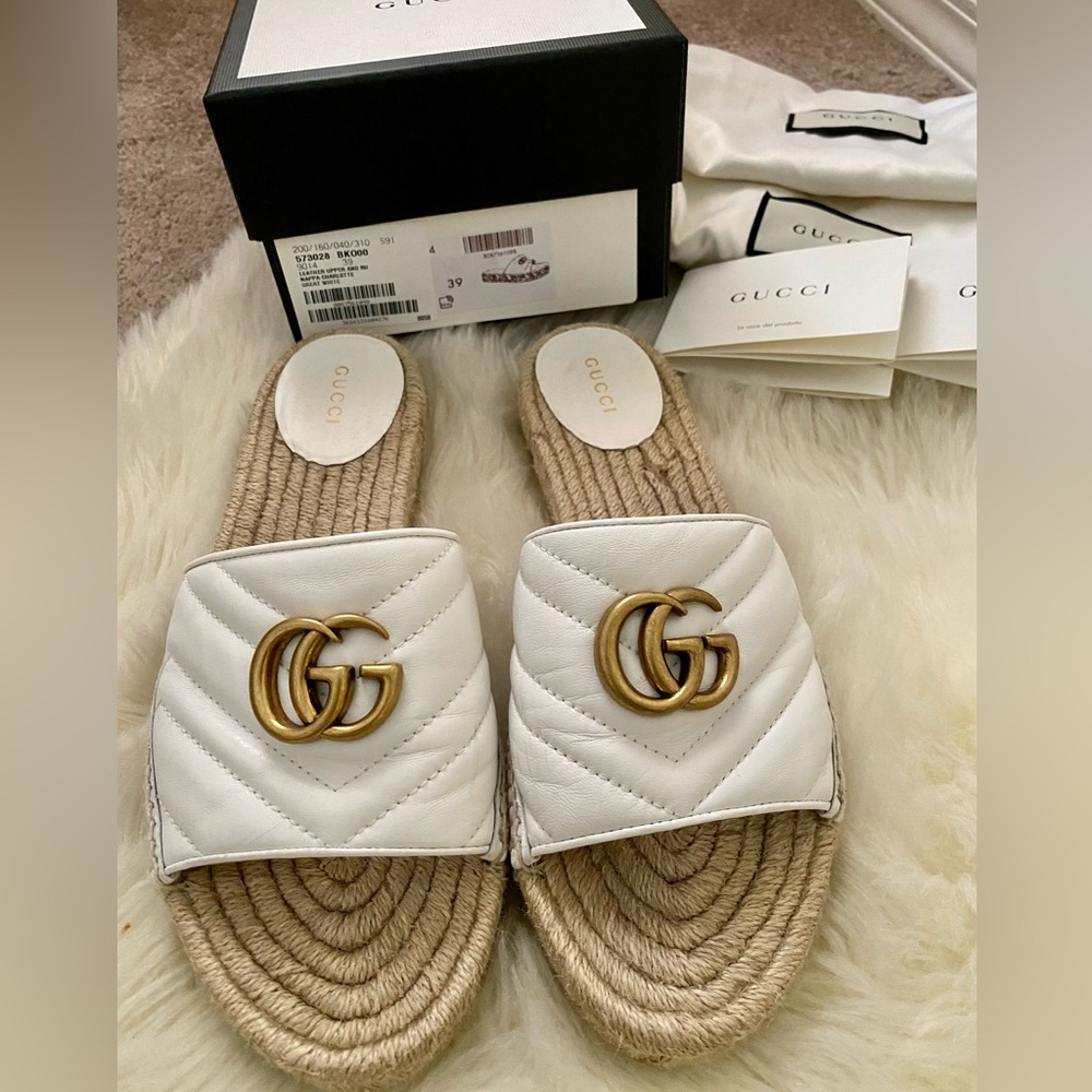 Gucci Marmont White Leather Espadrille Jute Slip On Sandals Slides 39